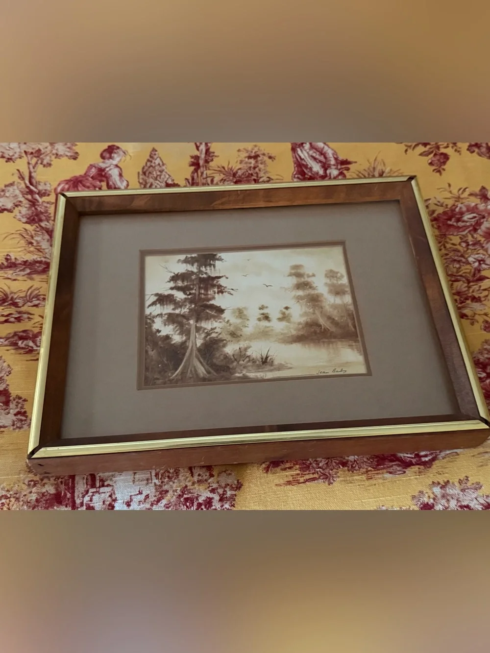 Framed Vintage Moody Landscape Sepia Watercolor in Brown and Gold Signed